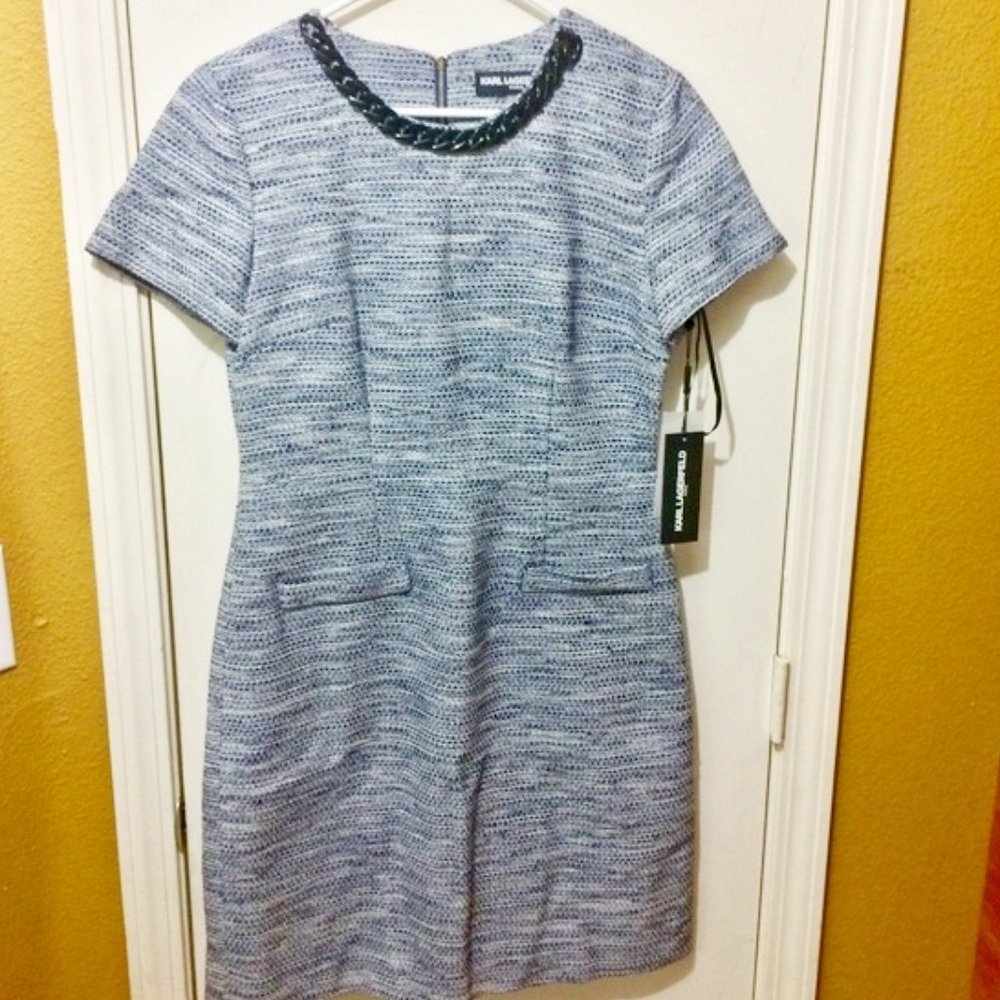 Karl Lagerfeld women's size 6 embellished neck chain short sleeve tweed dress